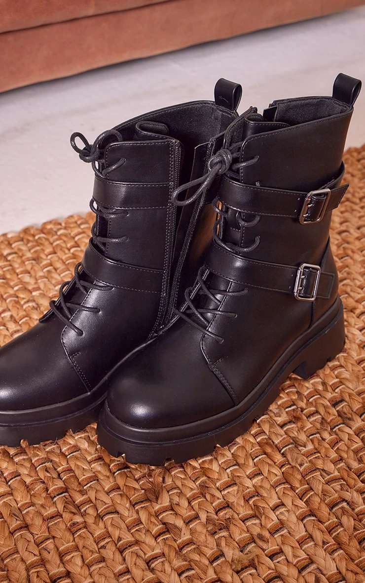Prettylittlething Black Wide Fit Faux Leather Double Buckle Lace Up Platform Ankle Boots Black 3 Prettylittlething Black Wide Fit Faux Leather Double Buckle Lace Up Platform Ankle Boots Black - Image 3