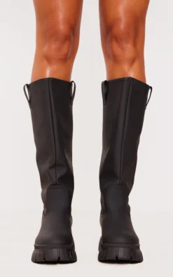Prettylittlething Black Wide Fit Pu Slip On Knee High Boots Black -Pretty Soles Shop 473b399469959a5f8fd09898d7a8bfe25025fbba cng8893 3