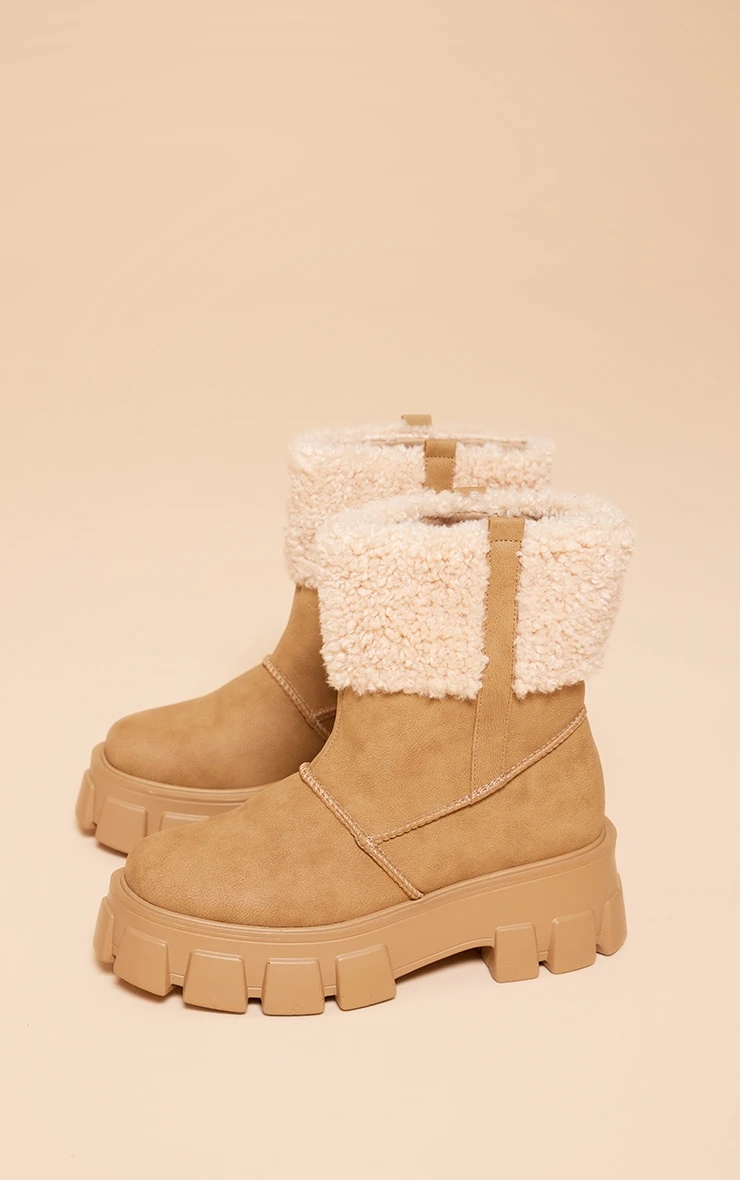 Prettylittlething Camel Wide Fit Faux Suede Shearling Chunky Platform Ankle Boots Camel 3 Prettylittlething Camel Wide Fit Faux Suede Shearling Chunky Platform Ankle Boots Camel - Image 3
