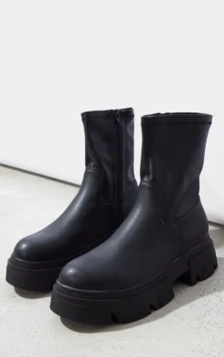 Prettylittlething Black Pu Textured Extreme Cleated Sole Ankle Sock Boots Black -Pretty Soles Shop 4a6f31f4ba04132248f6eec696f0bed93ac6d9a3 cmz0722 3