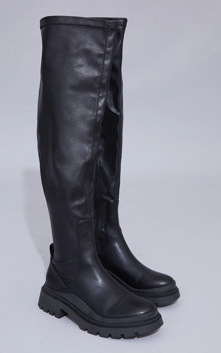 Prettylittlething Black PU Over The Knee Sock Chunky Sole Boots Black 3 Prettylittlething Black PU Over The Knee Sock Chunky Sole Boots Black - Image 3