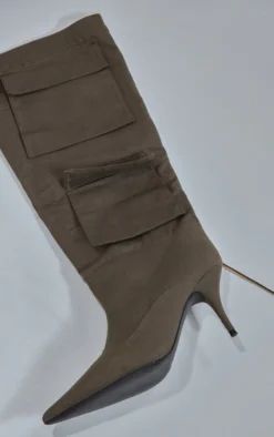 Prettylittlething Khaki Wide Fit Denim Point Toe Pocket Detail Low Heeled Knee Boots Khaki -Pretty Soles Shop 4b3bc41094d8205ee0c12f49900101f8f667354d cnf0092 4