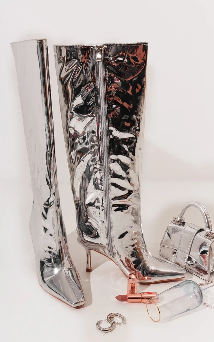 Prettylittlething Silver Metallic Point Toe Knee High Heeled Boots Silver 3 Prettylittlething Silver Metallic Point Toe Knee High Heeled Boots Silver - Image 3
