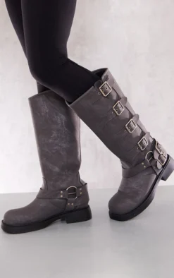 Prettylittlething Charcoal Faux Distressed Leather Square Toe Brushed Buckle Knee Boots Charcoal -Pretty Soles Shop 4c44ed1a8090297a618a52d4b15f51bbba948405 cng8802 3