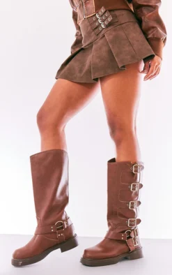 Prettylittlething Brown Faux Leather Square Toe Buckle Detail Knee Boots Brown -Pretty Soles Shop 4d04e8ab9267061de75d7a535bc97ac30f3d1b61 cnf5452 2