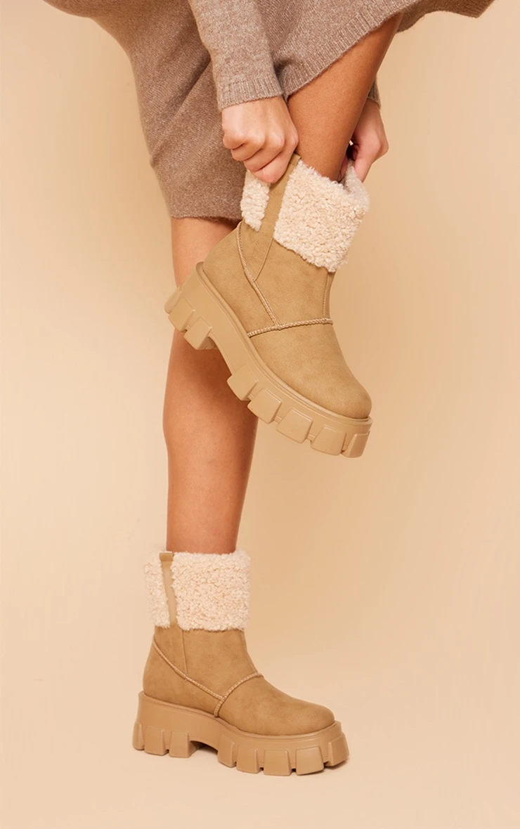 Prettylittlething Camel Wide Fit Faux Suede Shearling Chunky Platform Ankle Boots Camel 2 Prettylittlething Camel Wide Fit Faux Suede Shearling Chunky Platform Ankle Boots Camel - Image 2