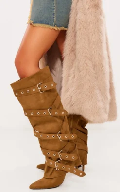 Prettylittlething Olive Faux Suede Point Toe Fold Over Buckle Strap Knee High Heeled Boots Olive