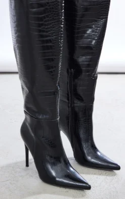 Prettylittlething Black Wide Fit PU Croc Point Toe High Stiletto Heeled Knee Boots Black -Pretty Soles Shop 4f336f5d1e7bc5feb799c1f91fc4619c6caa94f9 cmy7889 3