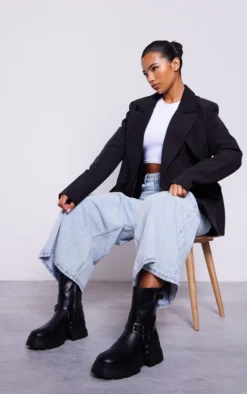 Prettylittlething Black Cleated Sole Buckle Detail Ankle Boots Black