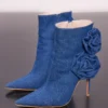 Prettylittlething Blue Denim Point Toe Corsage Detail High Heeled Ankle Boots Blue