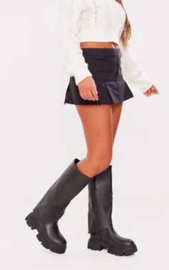 Prettylittlething Black Pu Round Toe Fold Over Chucky Platform Knee High Boots Black