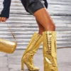 Prettylittlething Gold Wide Fit Metallic Point Toe Croc Block High Heeled Knee Boots Gold