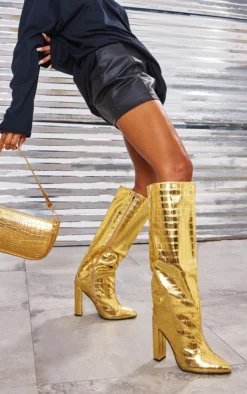 Prettylittlething Gold Wide Fit Metallic Point Toe Croc Block High Heeled Knee Boots Gold