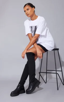 Prettylittlething Black PU Contrast Knitted Over The Knee Boots Black