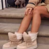 Prettylittlething Beige Faux Suede Contrast Borg Round Lace Up Chunky Platform Snow Boots Beige