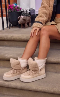 Prettylittlething Beige Faux Suede Contrast Borg Round Lace Up Chunky Platform Snow Boots Beige