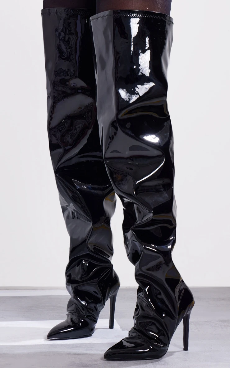 Prettylittlething Black Wide Fit Patent PU Extreme Point Over The Knee Ruched Boots Black 2 Prettylittlething Black Wide Fit Patent PU Extreme Point Over The Knee Ruched Boots Black - Image 2