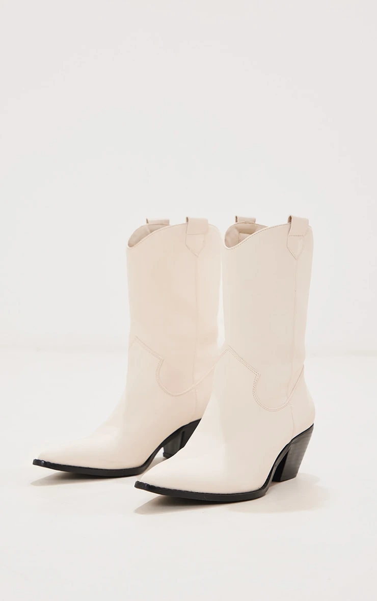 Prettylittlething Beige Western PU Stitch Detail Pull On Calf Boots Beige 3 Prettylittlething Beige Western PU Stitch Detail Pull On Calf Boots Beige - Image 3