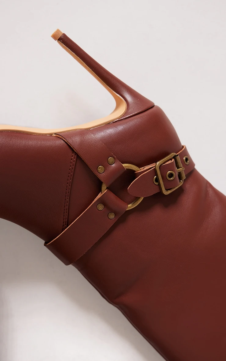 Prettylittlething Chocolate Faux Leather Ring Buckle Detail Knee High Heeled Boots Chocolate 4 Prettylittlething Chocolate Faux Leather Ring Buckle Detail Knee High Heeled Boots Chocolate - Image 4