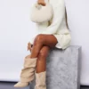 Prettylittlething Beige Faux Shearling Ruched Point Toe High Heeled Boots Beige
