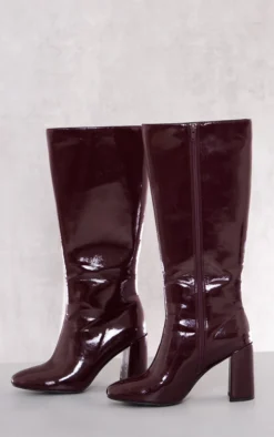 Prettylittlething Red Patent Pu Round Toe Block Heeled Knee High Boots Wine -Pretty Soles Shop 59ea71064232d97fbd302dc59d06028676a92e54 cng9971 3