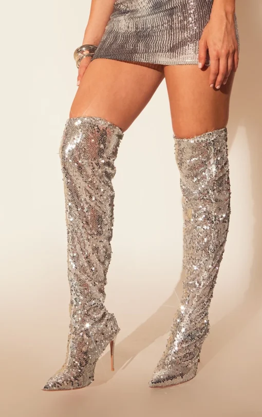 Prettylittlething Silver Sequin Point Toe Over The Knee Heeled Boots Silver -Pretty Soles Shop 5b13cad0ce3afc36e9c60fd818bc8fbb326b8f86 cng4511 1