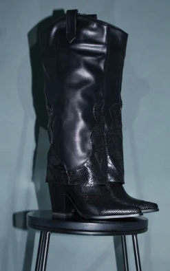 Prettylittlething Black Matte PU Snake Western Fold Knee Boots Black -Pretty Soles Shop 5bc7450e546f752b531999bf7b7af811348f4150 cms9042 3