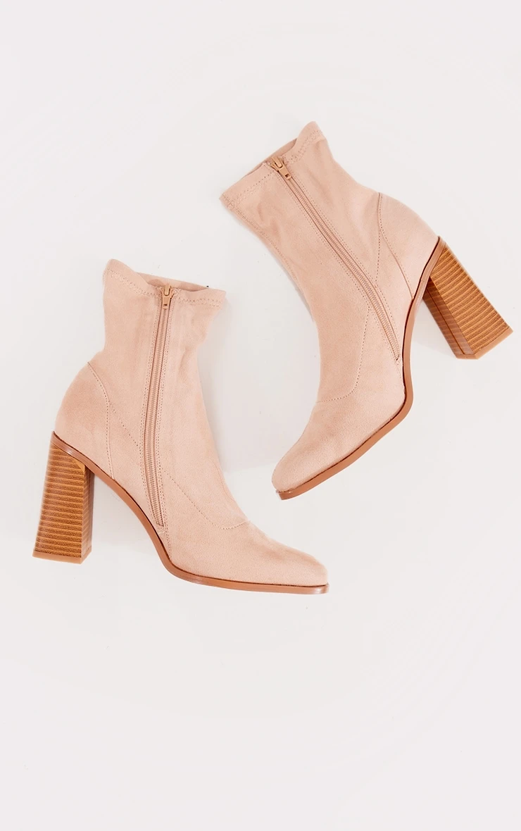 Prettylittlething Sand Wide Fit Faux Suede Block Heeled Sock Ankle Boots Sand 3 Prettylittlething Sand Wide Fit Faux Suede Block Heeled Sock Ankle Boots Sand - Image 3