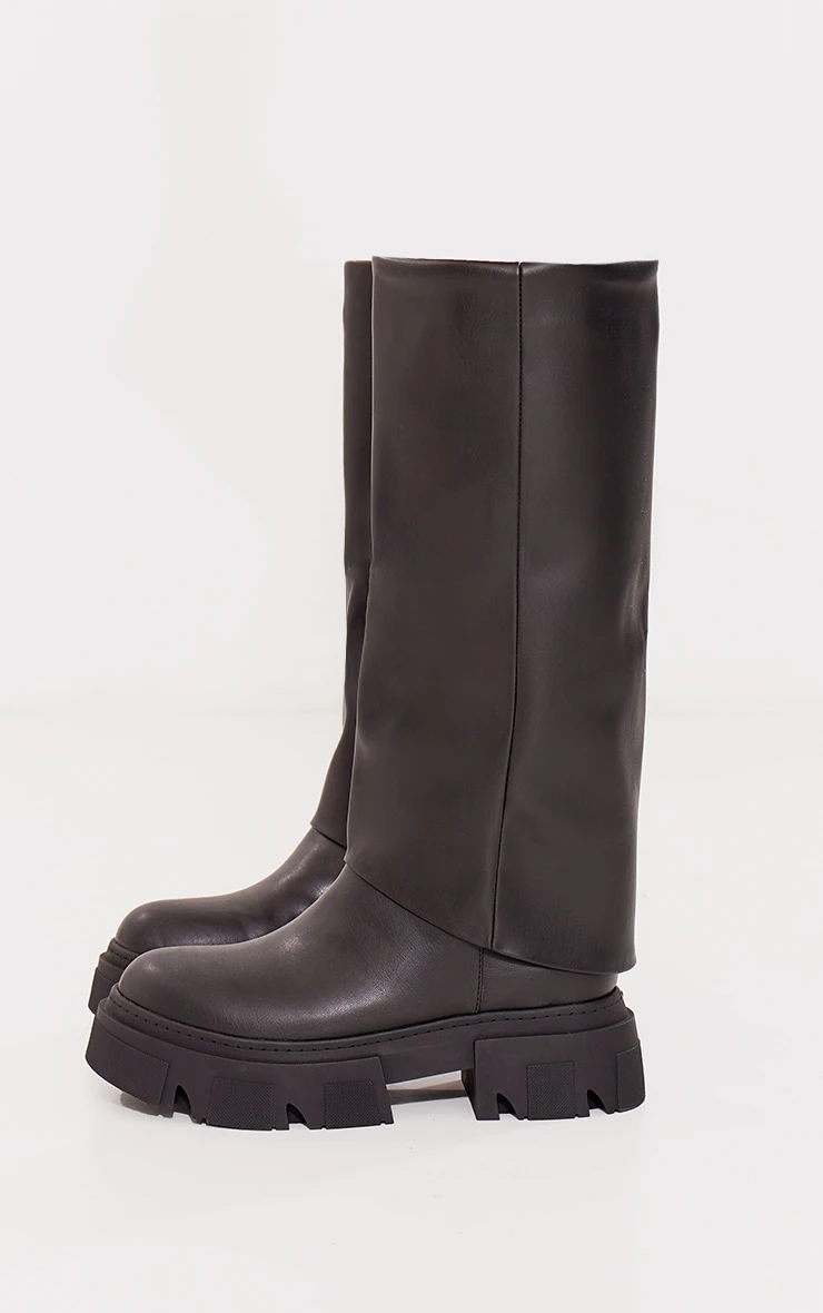 Prettylittlething Black Pu Round Toe Fold Over Chucky Platform Knee High Boots Black 3 Prettylittlething Black Pu Round Toe Fold Over Chucky Platform Knee High Boots Black - Image 3