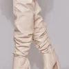 Prettylittlething Cream Matte Pu Round Toe Ruched Over The Knee Block Heeled Boots Cream