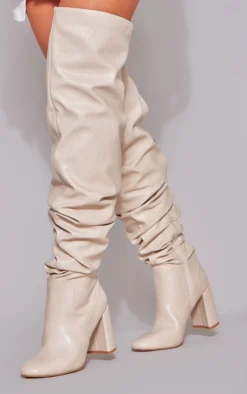 Prettylittlething Cream Matte Pu Round Toe Ruched Over The Knee Block Heeled Boots Cream