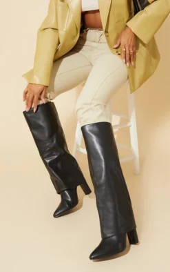 Prettylittlething Black Wide Fit Pu Pointed Fold Over Block Heel Knee Boots Black
