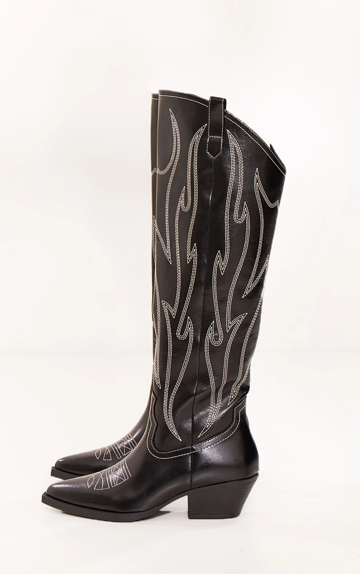Prettylittlething Black PU Point Toe Western Knee High Boots Black 3 Prettylittlething Black PU Point Toe Western Knee High Boots Black - Image 3