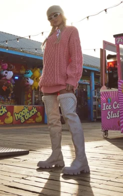 Prettylittlething Cream Faux Leather Round Toe Shearling Chunky Knee High Boots Cream