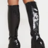 Prettylittlething Black Round Block Heel Knee High Boots Black