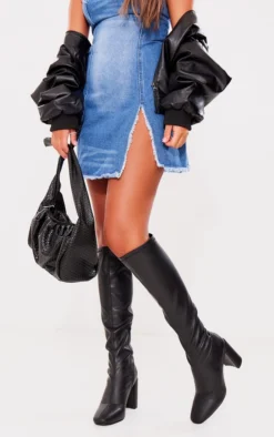 Prettylittlething Black PU Round Toe Knee High Block Heeled Sock Boots Black