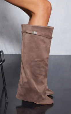 Prettylittlething Deep Taupe Faux Suede Fold Over Knee High Block Heeled Boots Deep Taupe -Pretty Soles Shop 651f92558aaf2ce0fce0877c5d54657f7ba4d0dd cnf1432 4