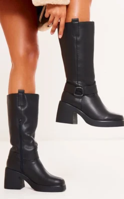Prettylittlething Black Faux Leather Square Toe Buckle Chunky Heeled Thigh High Boots Black -Pretty Soles Shop 65356ff7ef47baf80b7b0811d23b9724280473ec cnf9114 2