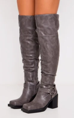 Prettylittlething Grey Faux Leather Square Toe Buckle Detailed Over The Knee Block Heeled Boots Grey -Pretty Soles Shop 6a36fca5ad550c36fd5e64dec354dfae6eb29a2b cnf9012 3
