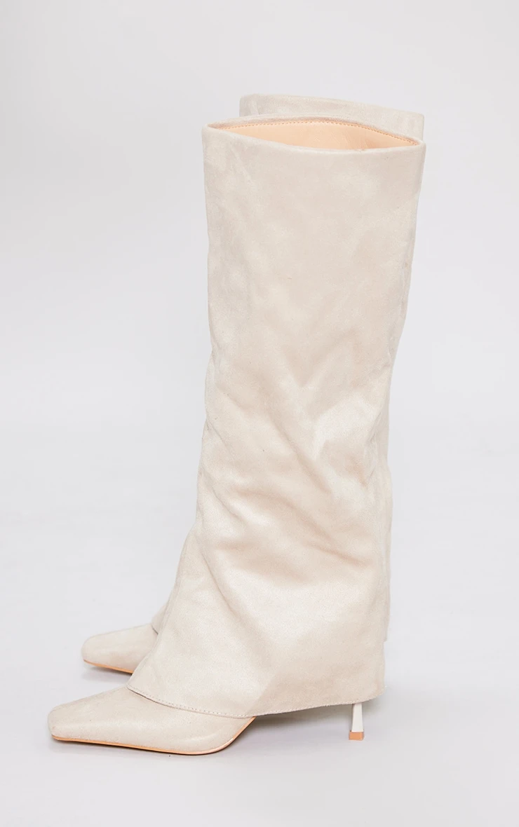 Prettylittlething Cream Faux Suede Square Toe Fold Over Low Heeled Knee High Boots Cream 3 Prettylittlething Cream Faux Suede Square Toe Fold Over Low Heeled Knee High Boots Cream - Image 3