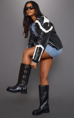 Prettylittlething Black Faux Leather Square Toe Buckle Detail Knee Boots Black