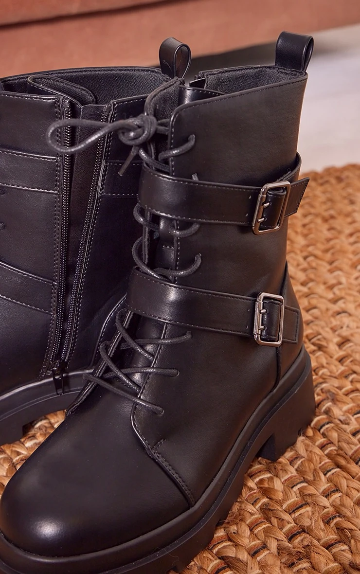 Prettylittlething Black Wide Fit Faux Leather Double Buckle Lace Up Platform Ankle Boots Black 4 Prettylittlething Black Wide Fit Faux Leather Double Buckle Lace Up Platform Ankle Boots Black - Image 4