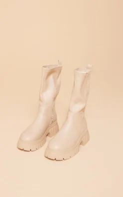 Prettylittlething Beige Wide Fit PU Chunky Platform Calf High Boots Beige -Pretty Soles Shop 77f01be77672b87989de60e436319efb4704fbcd cnf9041 4