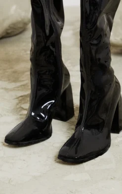 Prettylittlething Black Vinyl Square Toe High Block Heeled Knee Boots Black -Pretty Soles Shop 79dee11f63f06d27d106a907ef6db5f204c79c7c cmy6403 3