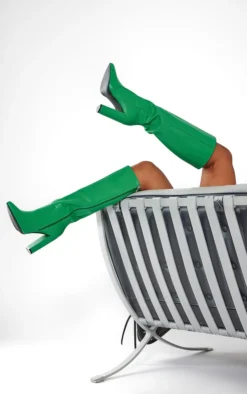 Prettylittlething Green PU Point Toe High Block Heel Knee Boots Green