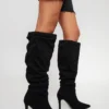 Prettylittlething Black Faux Suede Ruched Mid Heeled Knee High Boots Black