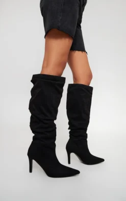 Prettylittlething Black Faux Suede Ruched Mid Heeled Knee High Boots Black