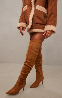 Prettylittlething Camel Faux Suede Point Toe Studded Over The Knee Heeled Western Boots Camel