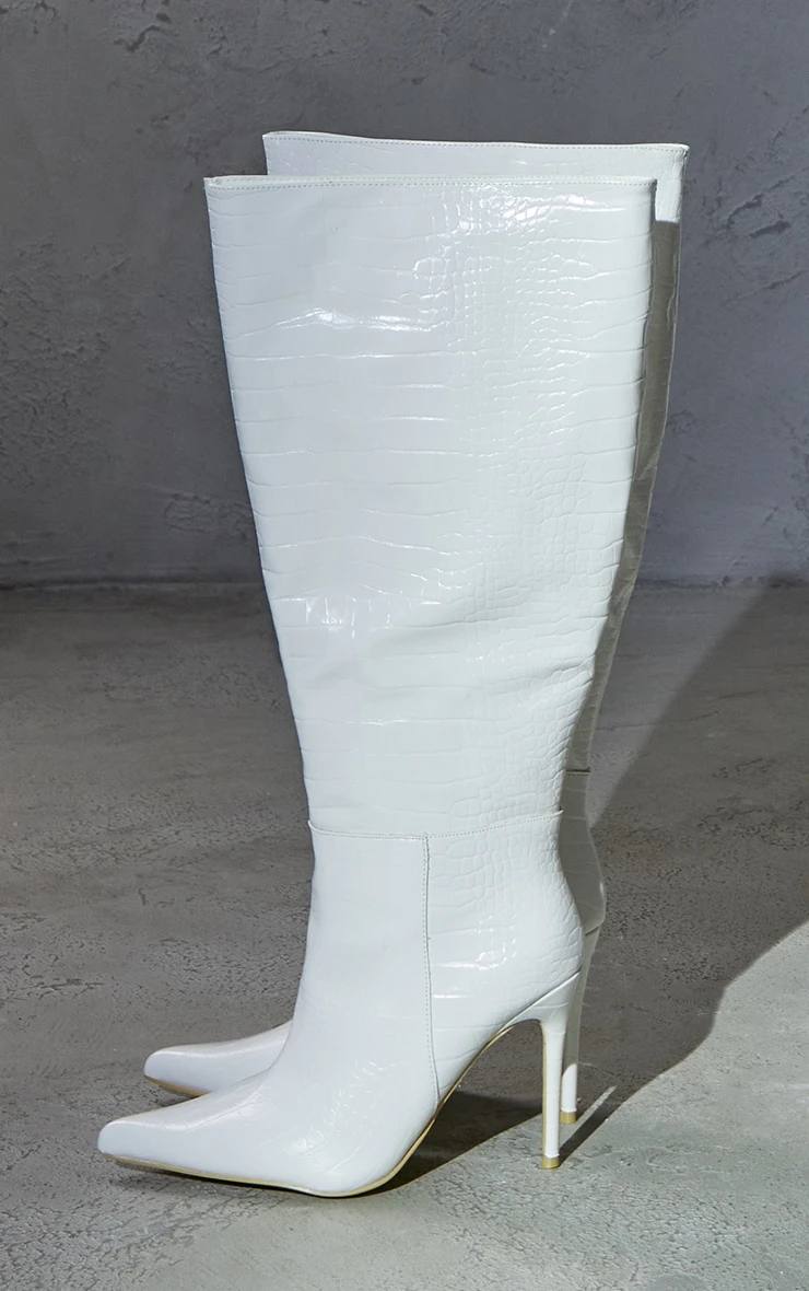 Prettylittlething White Wide Fit PU Croc Point Toe High Stiletto Heeled Knee Boots White 2 Prettylittlething White Wide Fit PU Croc Point Toe High Stiletto Heeled Knee Boots White - Image 2