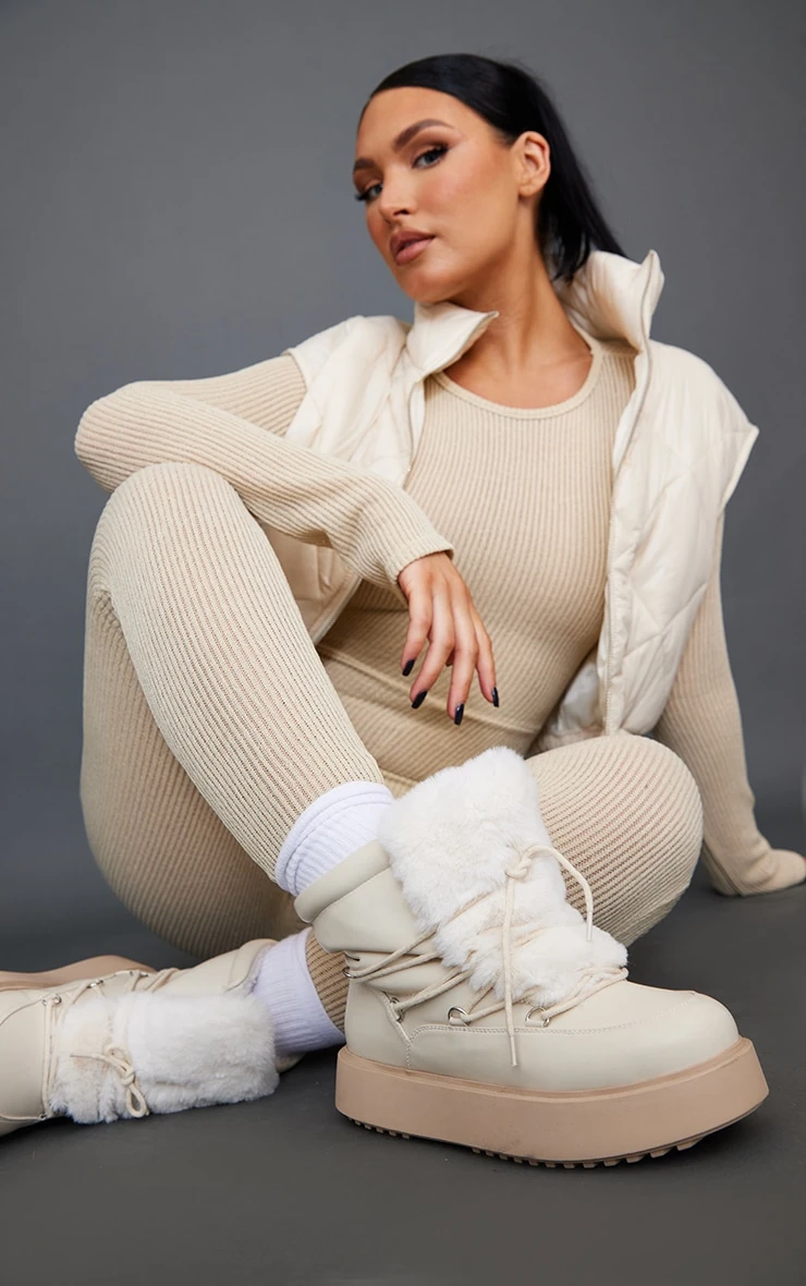 Prettylittlething Cream Faux Fur Lace Up Ankle Boots Cream 2 Prettylittlething Cream Faux Fur Lace Up Ankle Boots Cream - Image 2